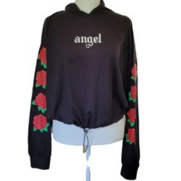Streetwear Society Hooded‎ Angel Top Sz Medium Roses Black Longsleeve Womens Jr. - Picture 2 of 9